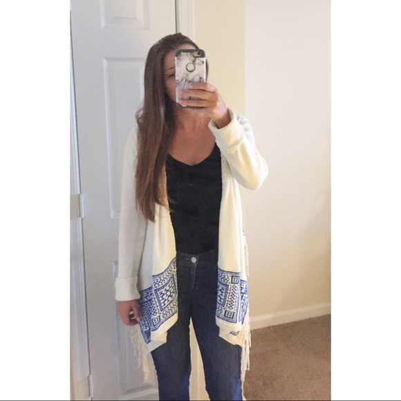 Blue & Cream Fringe Boho Cardigan - Picture 3 of 5